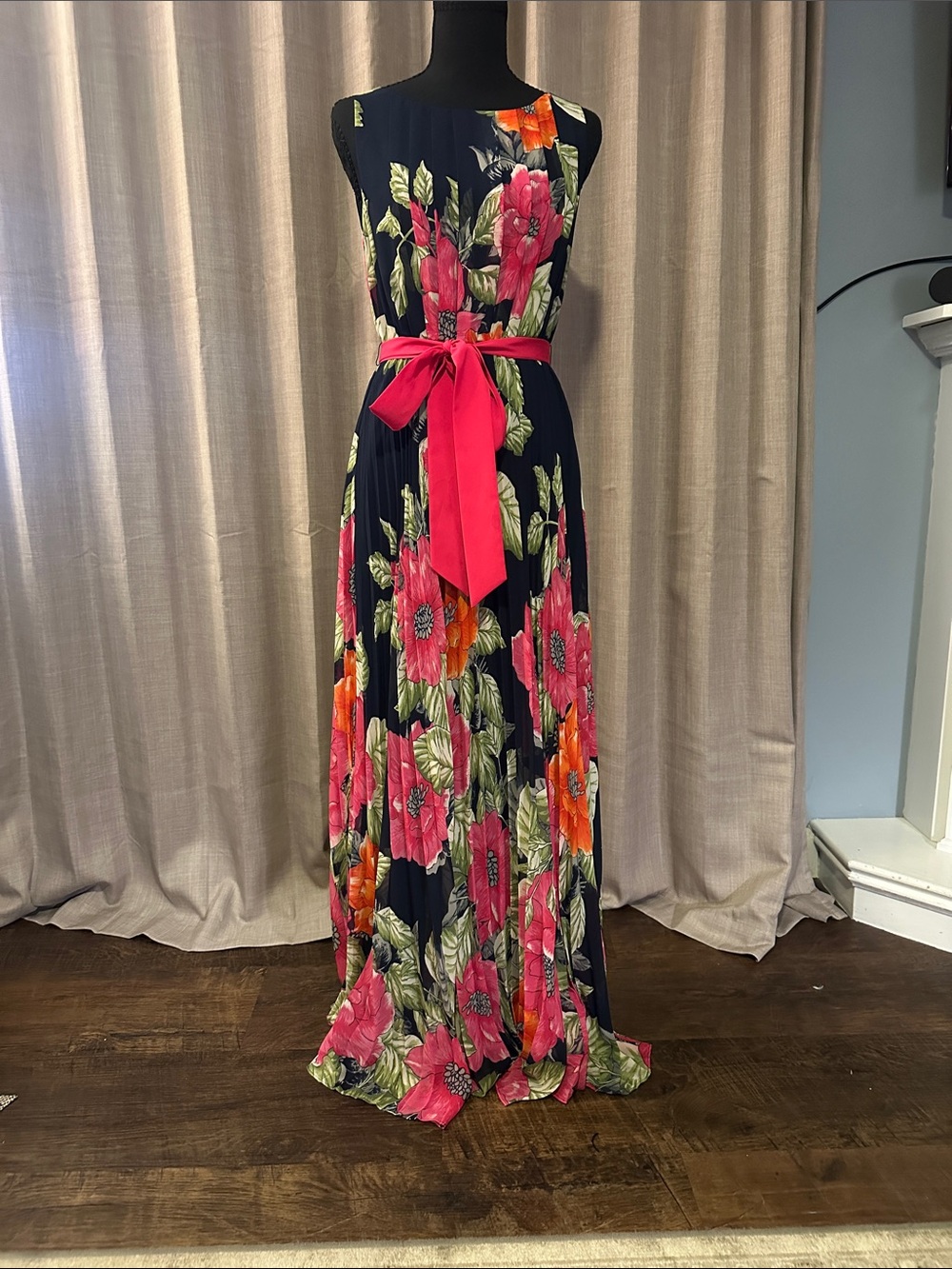 Eliza J Navy Maxi Dress with Pink Floral Print and Pink Belt